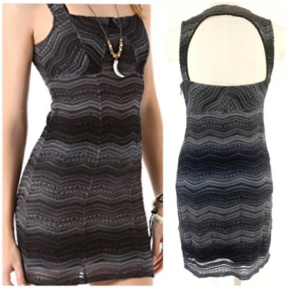 🖤 Free People Gray and Black Ombre Crochet Bodycon Mini Dress Size 8 - Picture 1 of 15
